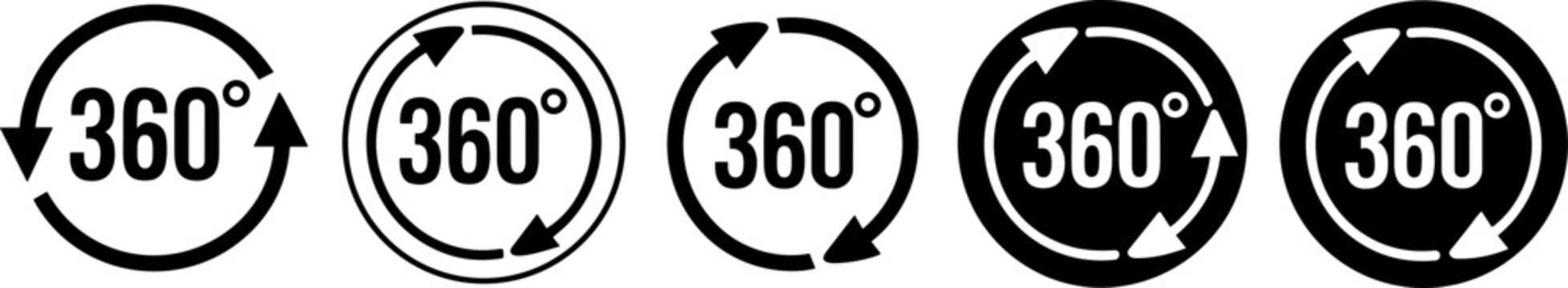 Set of five circular icons showing 360 degree rotation arrows