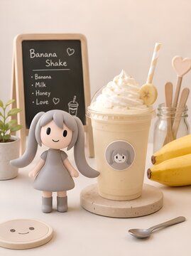 Cute pastel 3D character with creamy banana milkshake in cozy cafe setting