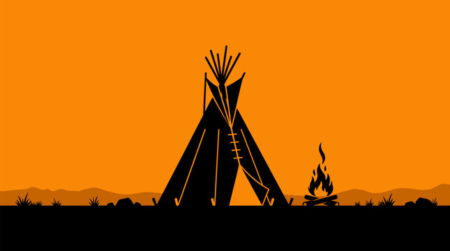 Silhouette of a Native American teepee and campfire against a vibrant orange sunset sky with distant hills.