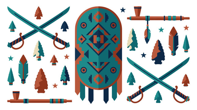 Collection of Native American cultural artifacts including crossed swords, shields, arrowheads, and peace pipes.