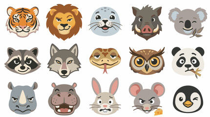 Fototapeta premium Set of cute animal face icons, flat vector cartoon illustrations of wild and domestic animals, emoji collection isolated on white background.