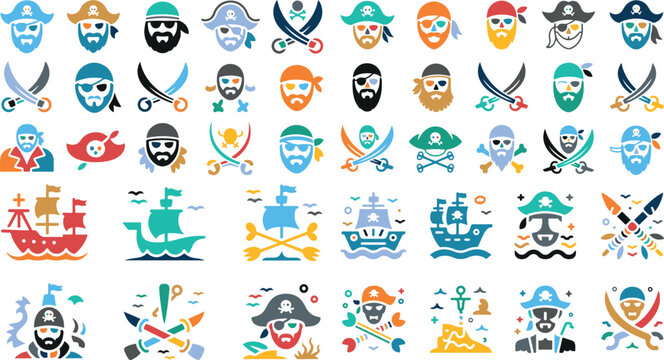 Colorful flat design pirate icons with ships swords and treasure symbols on white background