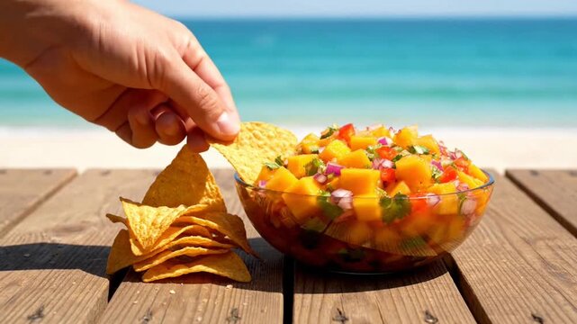 Fresh Mango Salsa and Crispy Corn Chips Resting on Wooden Table by Sunny Tropical Beach