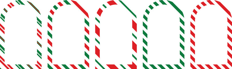 Fototapeta premium Christmas candy cane striped gift tag frame set in red and green. Festive holiday border collection with rounded arch shapes. Ideal for labels, packaging, and seasonal celebration designs. 