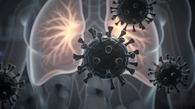 Microscopic medical animation of hantavirus infecting human lungs in scientific research laboratory with respiratory system illustration details