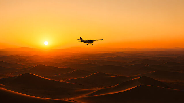 Small propeller plane flying over golden desert dunes at sunset