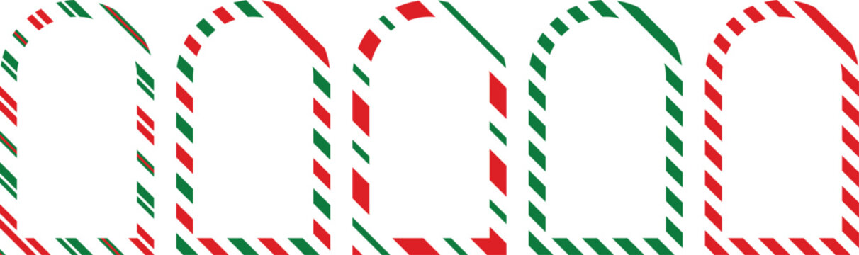 Christmas candy cane striped gift tag frame set in red and green. Festive holiday border collection with rounded arch shapes. Ideal for labels, packaging, and seasonal celebration designs.
