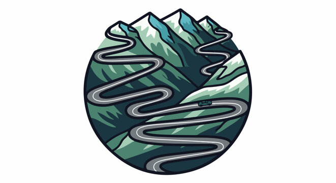 Winding mountain road with snow-capped peaks and a tiny car