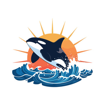 Dynamic orca vector leaping from ocean waves with a vibrant sunburst in the background, representing freedom and nature