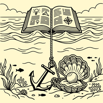 Underwater scene with open book anchor pearl oyster underwater knowledge discovery treasure