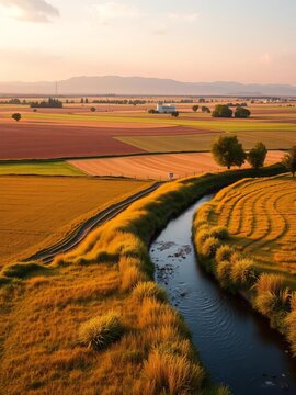 Agricultural landscape with fields and meuse riverbank, agricultural landscape, fields