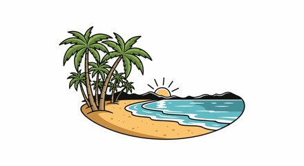 Obraz premium Tropical beach scene with palm trees, ocean waves, and a sun rising over distant hills