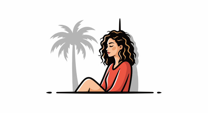 Woman in coral top, relaxed, with palm tree shadow