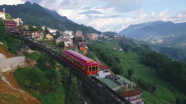 Sapa Red Mountain Train Close Flyover and Rice Fields Aerial View