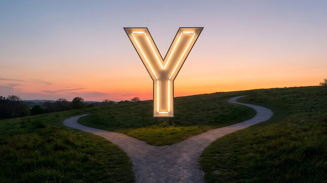 A glowing neon letter Y illuminates a crossroads with diverging paths at sunset, symbolizing choices and opportunities