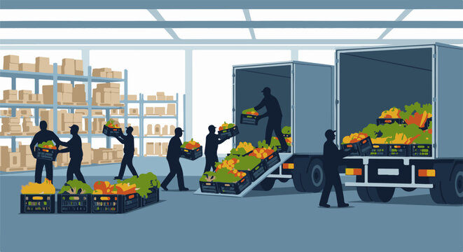 Workers in silhouette load crates of produce into delivery trucks inside a warehouse