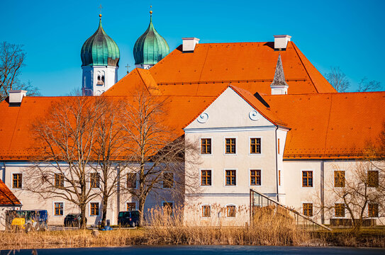 Seeon monastery on a sunny spring day, Lake Seeon, Traunstein, Bavaria, Germany