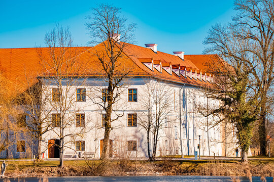 Seeon monastery on a sunny spring day, Lake Seeon, Traunstein, Bavaria, Germany