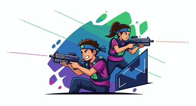 Two children play laser tag, holding futuristic guns and wearing vests
