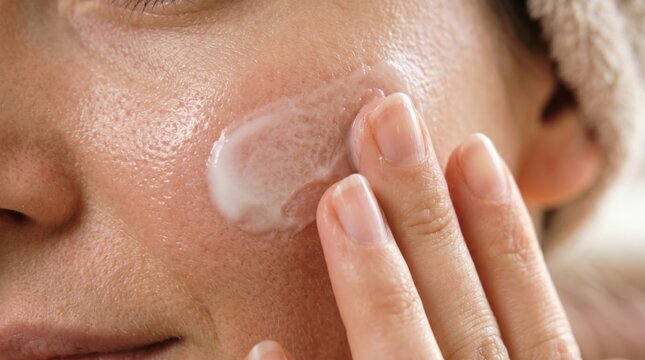 Pretty woman applying moisturizing cream onto smooth healthy facial complexion closely indoors. ance naturally. Skin treatment concept.