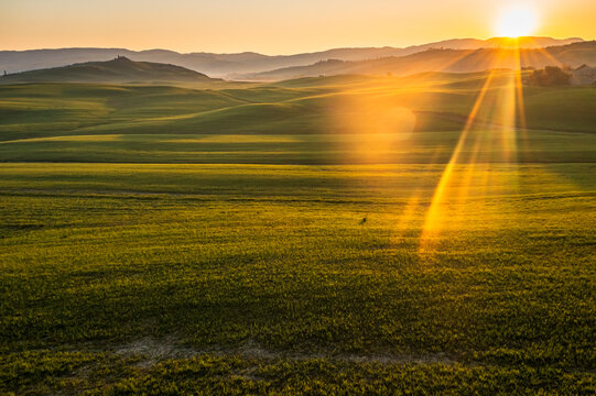 Tuscany sunrise landscape with golden sun rays illuminating rolling green hills and distant mountains, evoking tourism and tranquil nature exploration in Orcia valley, Pienza, Tuscany, Italy.