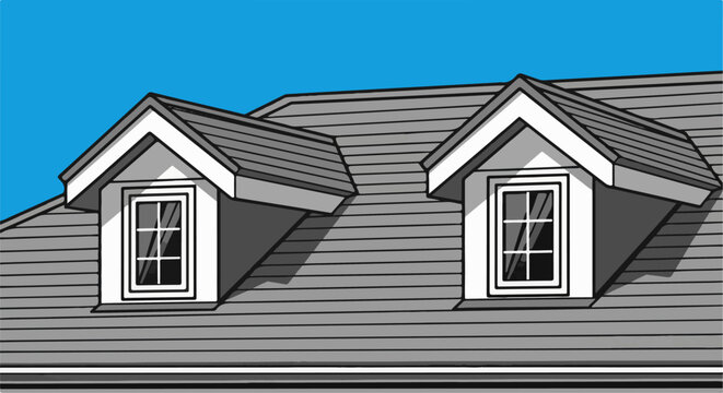 Two dormer windows with grid panes protrude from a gray shingled roof under a bright blue sky