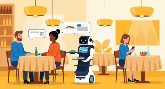 Futuristic robot waiter serving food in modern restaurant, automated artificial intelligence service in dining room, smart robotic assistant delivering meals to customers vector