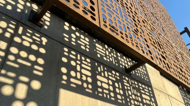 Intricate perforated metal facade casting abstract patterned shadows on a textured concrete wall under clear blue sky daylight