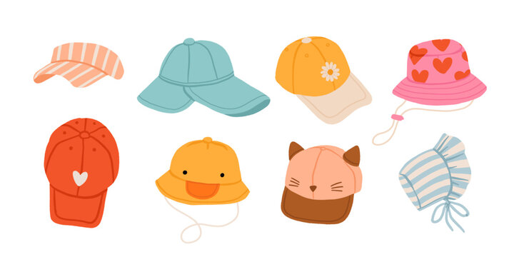 Hand drawn summer hats and caps collection, cute bucket hat, baseball cap, visor, playful patterns, beach fashion and sunny vacation