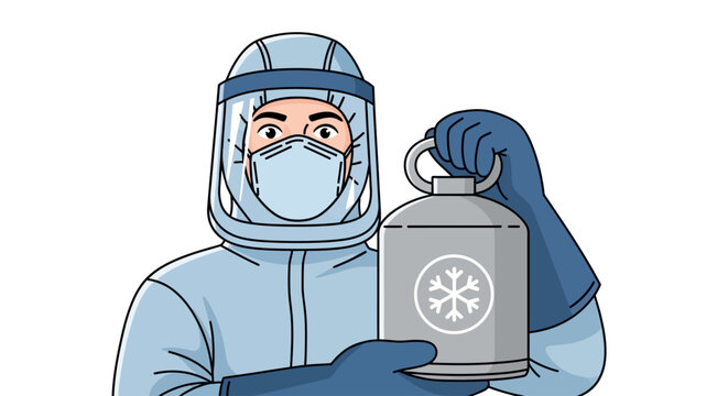 Cryogenic storage technician in protective hazmat suit holding liquid nitrogen container, scientist wearing face shield and mask for cold laboratory safety, flat vector illustration