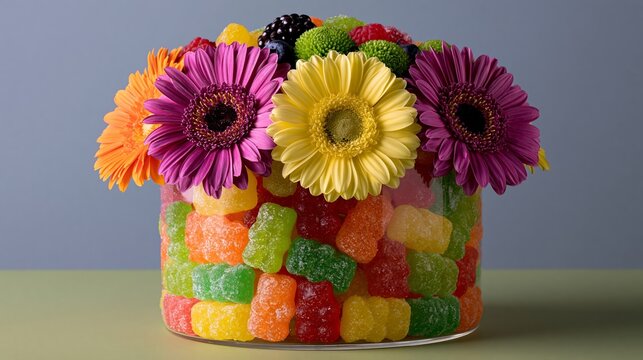 Colorful arrangement of gummy candies and vibrant flowers in a round container on a green surface against a soft blue background