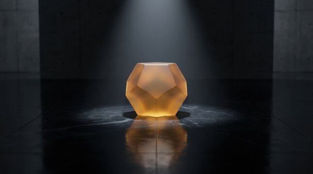 Geometric Luminescent Orb with Warm Glow Reflecting on Polished Surface