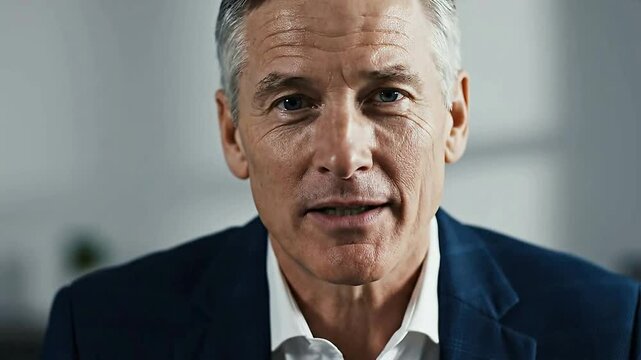 Mature businessman speaks directly to camera indoors or Middle aged executive communicates with viewers in studio setting