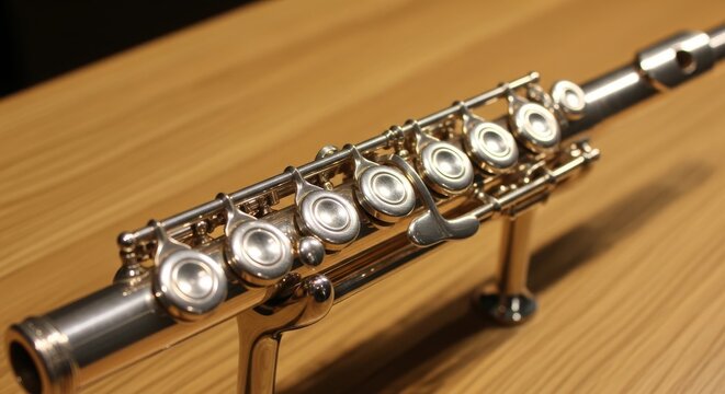 Close-up detailed view of a shining silver flute with intricate keys on a wooden surface