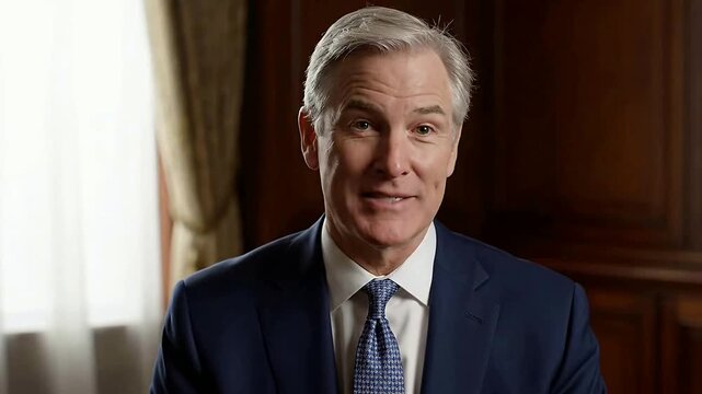 Mature businessman speaks on camera in a professional setting or corporate executive delivers a presentation directly to the viewer in a studio environment