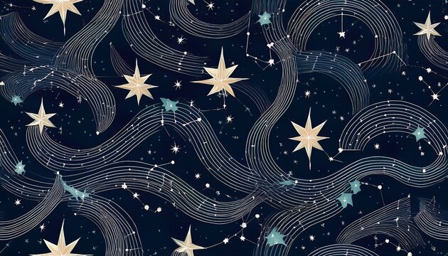 seamless pattern of zodiac constellations with lines and stars on navy background
