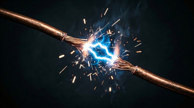 Electric spark between two copper wires. Dangerous short circuit causing electrical failure. Power surge and voltage discharge in industrial environment. High energy arc manifestation.