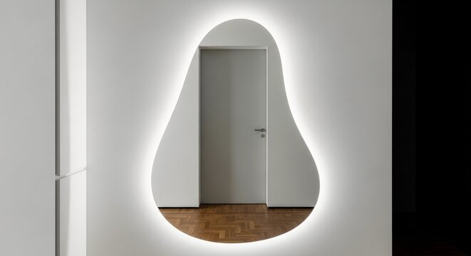 Modern minimalist interior featuring a sleek gray door set within a unique organic pear shaped frame illuminated by soft white led backlighting on white walls