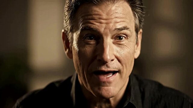 Middle-aged man talks directly at camera or Mature man delivers a heartfelt message close up