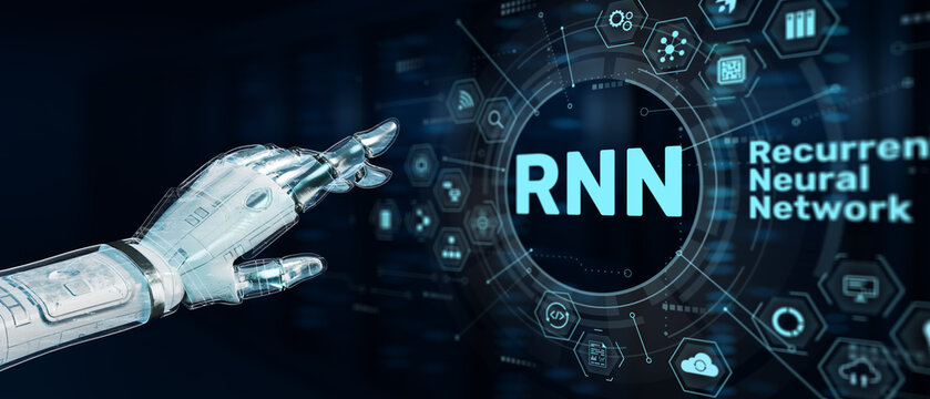 Recurrent Neural Network RNN AI Concept with Robotic Hand Futuristic Interface Sequence Data Processing and Deep Learning Systems.