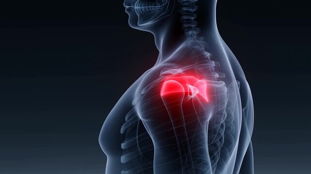 Animation of 3D x-ray human shoulder joint with red glowing pain area on dark background
