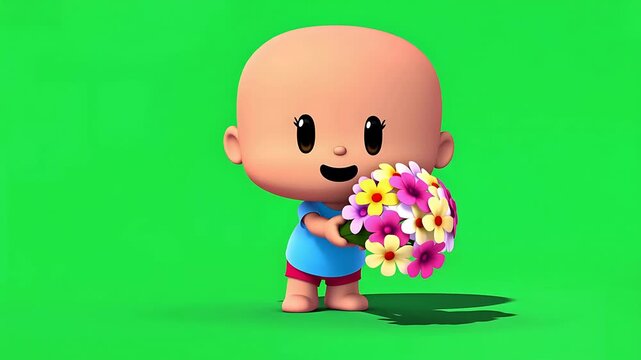 Happy Child Holding Flower Bouquet Cartoon