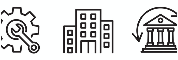 Fototapeta premium Set of business icons featuring a gear with wrench, office building, and bank architecture