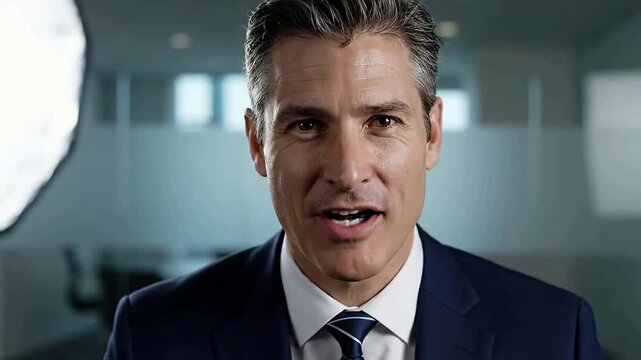 Professional businessman talks to the camera in office setting or Confident corporate man speaks in a modern workplace