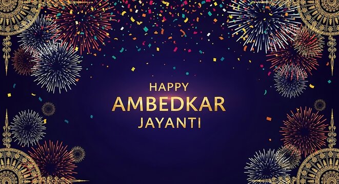Happy ambedkar jayanti celebration greeting card with fireworks and gold text