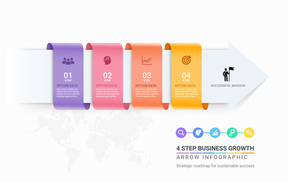 Arrow Step Infographic with Business Growth Workflow Diagram Template Background