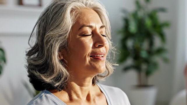 Content senior woman enjoying warm sunlight with eyes closed and a peaceful smile