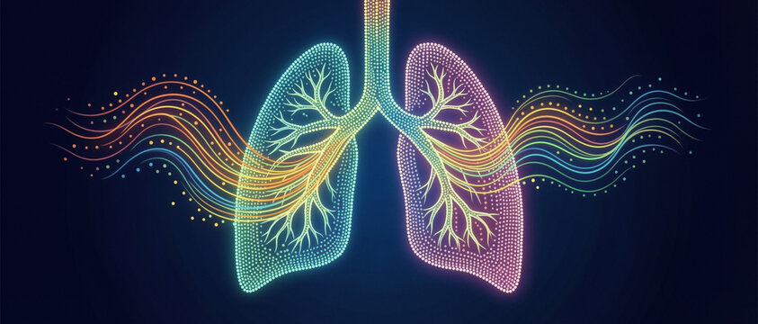 Digital illustration of human lungs with branching airways and flowing waveforms symbolizing breath or airflow on a dark background.
