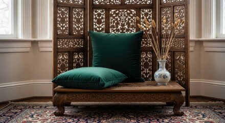 Fototapeta premium Deep green velvet cushions resting on an ornate wooden table with decorative screen and vase