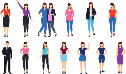 Fototapeta premium Female Character Illustration Set in Various Poses and Outfits for Lifestyle, Fashion, and Business Graphics